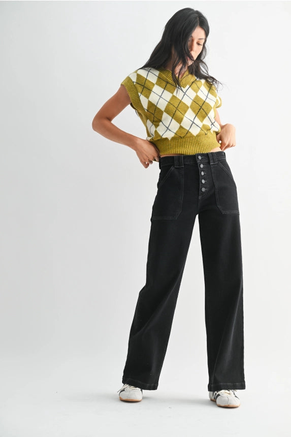 Button Down Slim Wide Leg Black Jeans