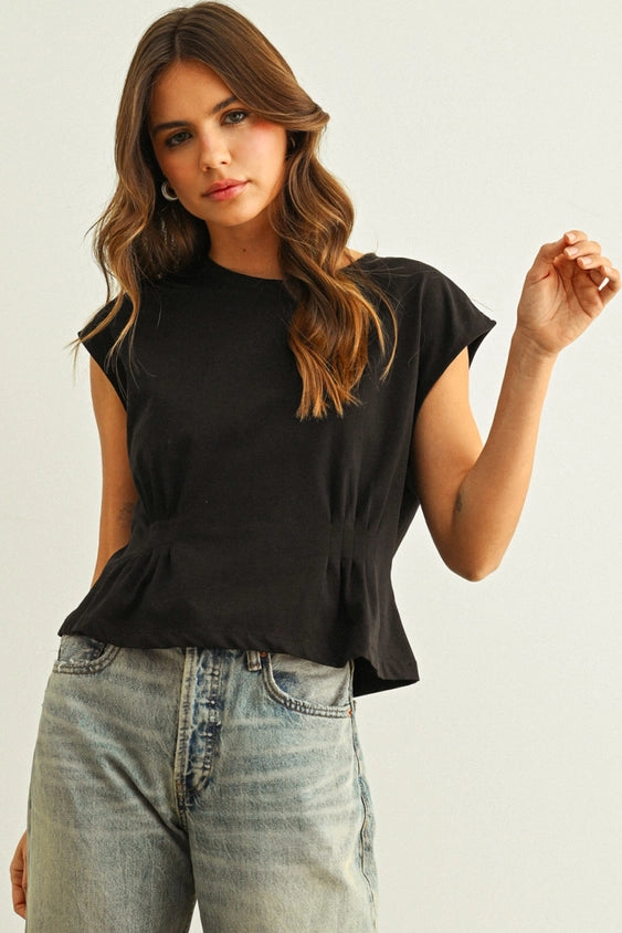 Round Neck Waist Detailed Cap Sleeve Top