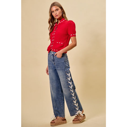 Mid Rise Straight Leg Side Lace Up Jeans