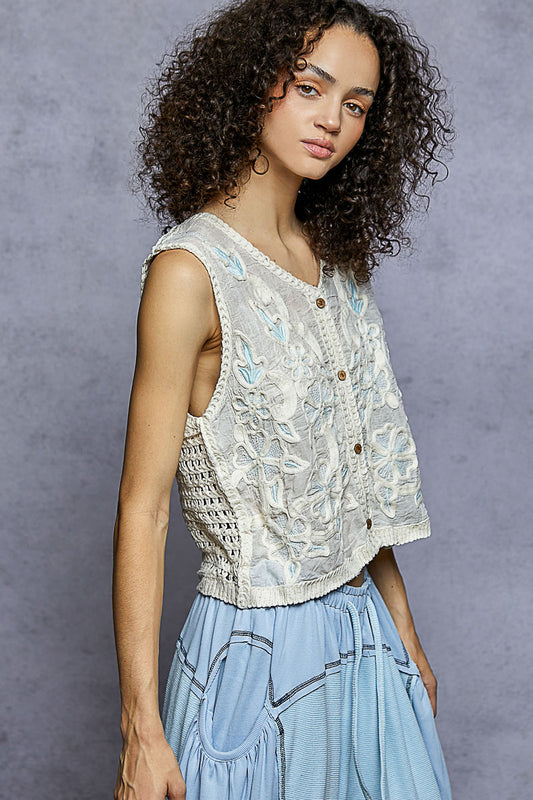 POL Embroidered Crochet Vest Top