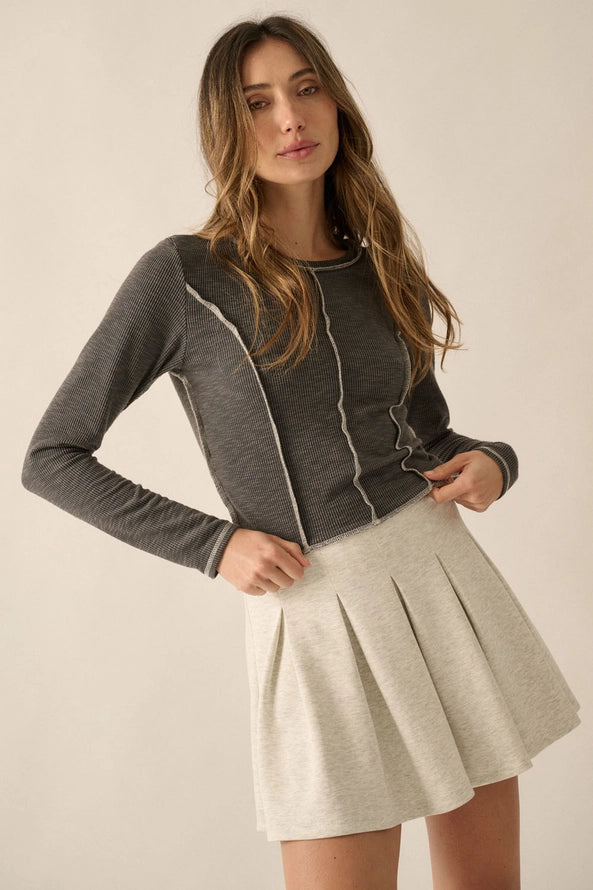 Reverse Seam Long Sleeve Rib-Knit Top
