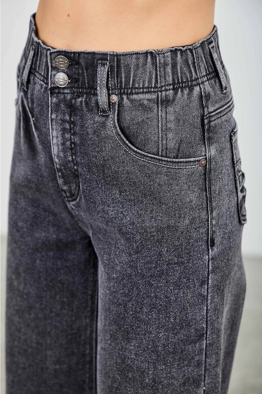 High Rise Wide Leg Washed Black Denim Crop