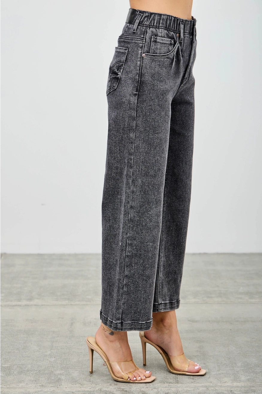 High Rise Wide Leg Washed Black Denim Crop