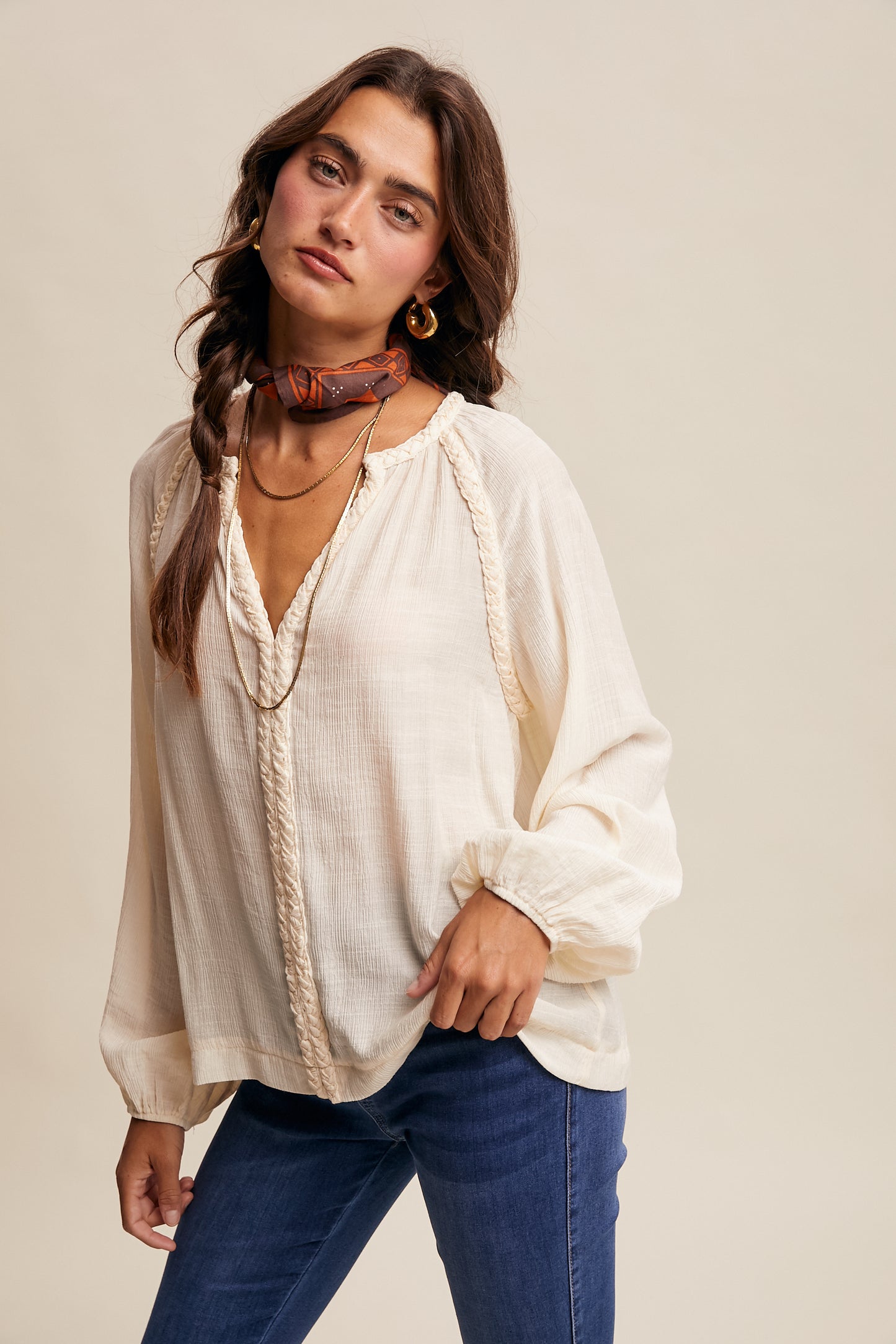 Braided Trim Peasant Blouse