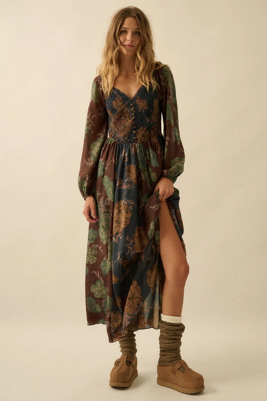 Floral-Print Smocked Sweetheart Maxi Peasant Dress