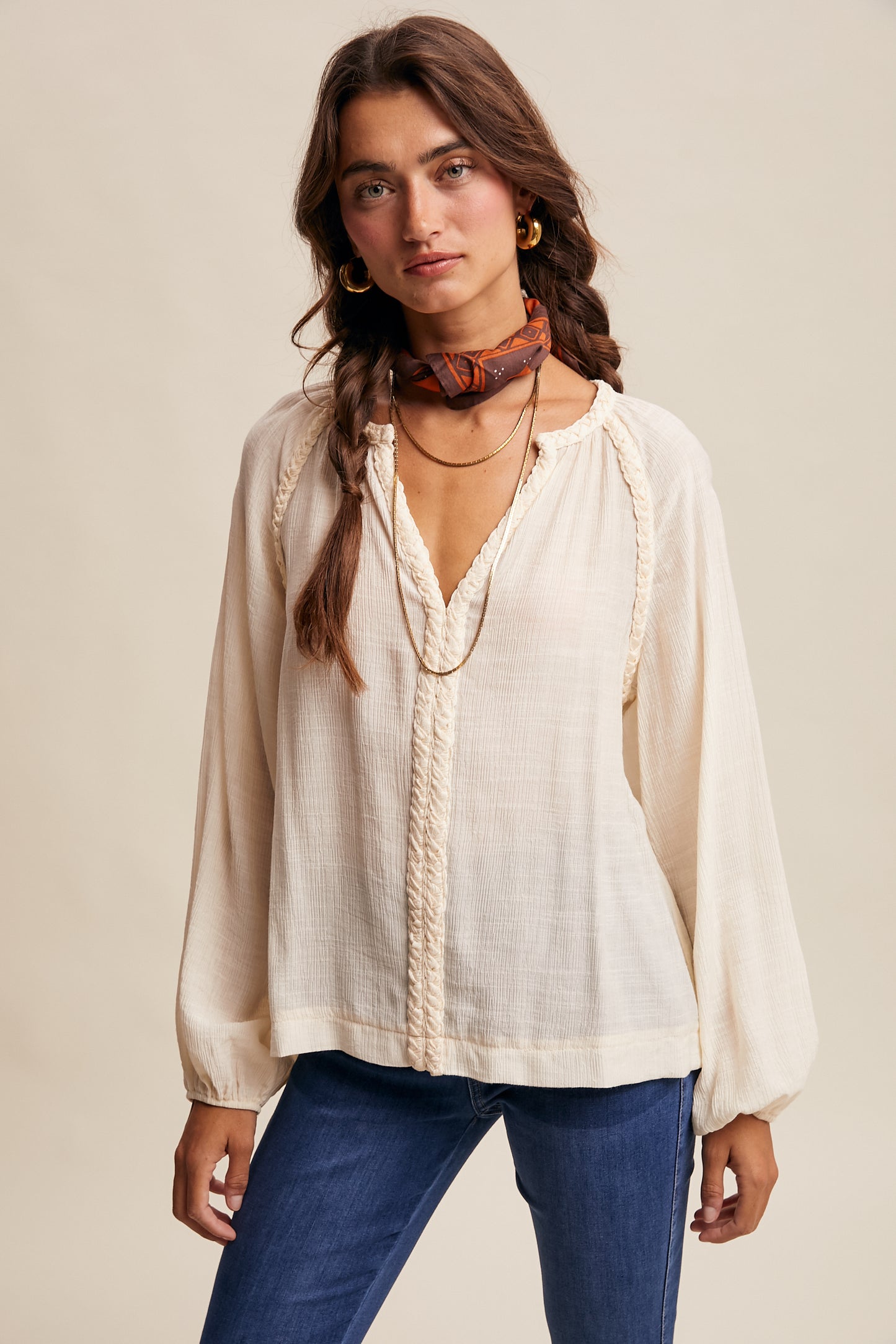 Braided Trim Peasant Blouse