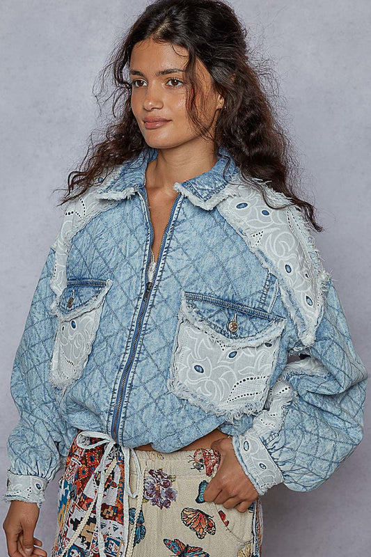 POL Quilted Denim Adjustable Drawstring Jacket