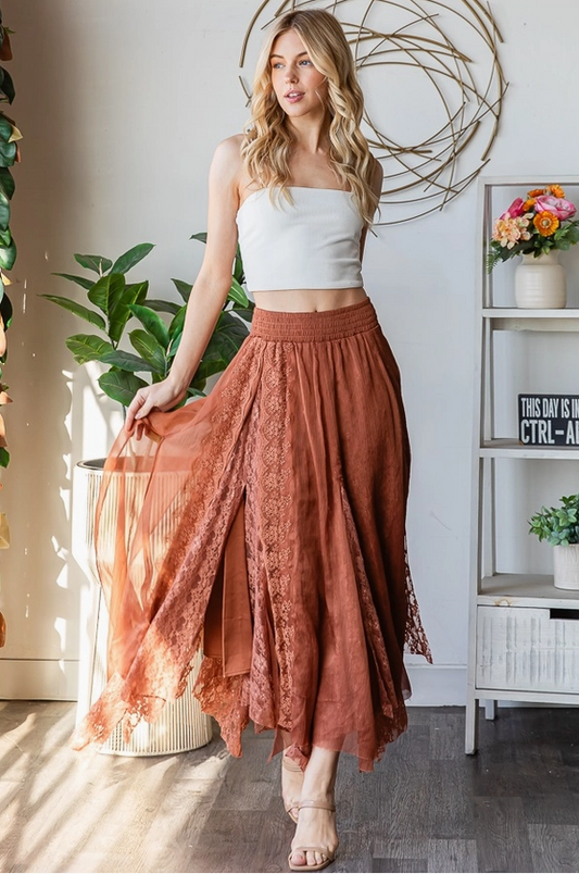 Chiffon Lace Mixed Overlay A-Line Midi Skirt