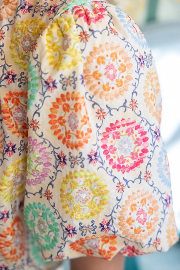 Floral Embroidered Print Bubble Sleeve Top
