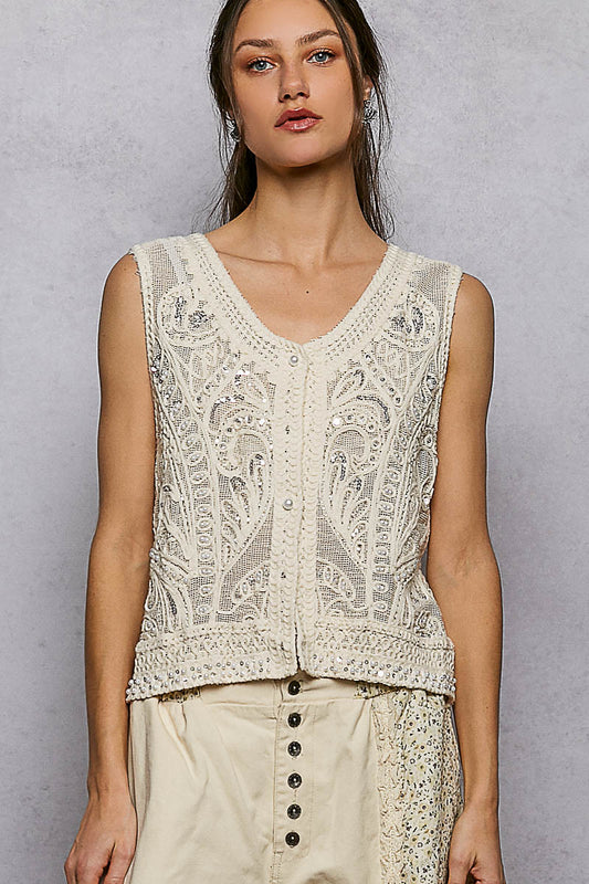 POL V-Neck Sequin & Pearl Crochet Vest