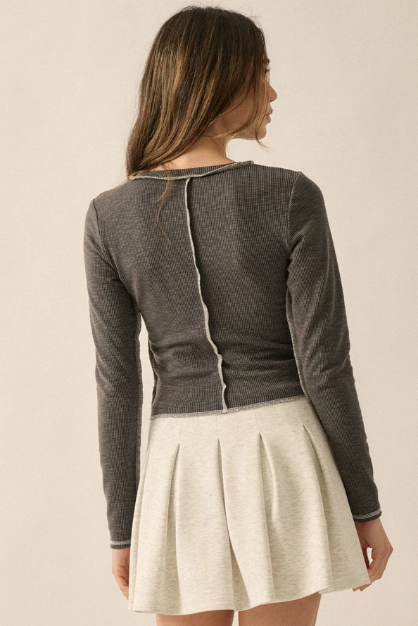 Reverse Seam Long Sleeve Rib-Knit Top