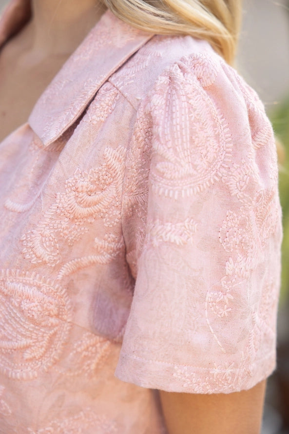 V-Neck Collared Paisley Embroidered Top