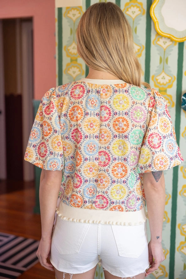 Floral Embroidered Print Bubble Sleeve Top