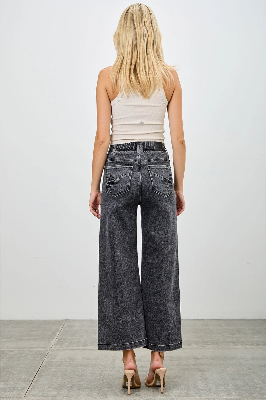 High Rise Wide Leg Washed Black Denim Crop