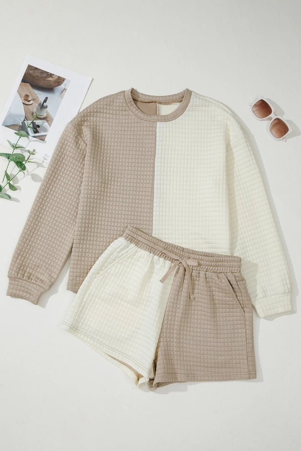 Colorblock Patchwork Textured  Short Set