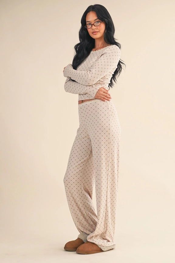 Heart Print Pointelle Lounge Set with Picot Lace Trim