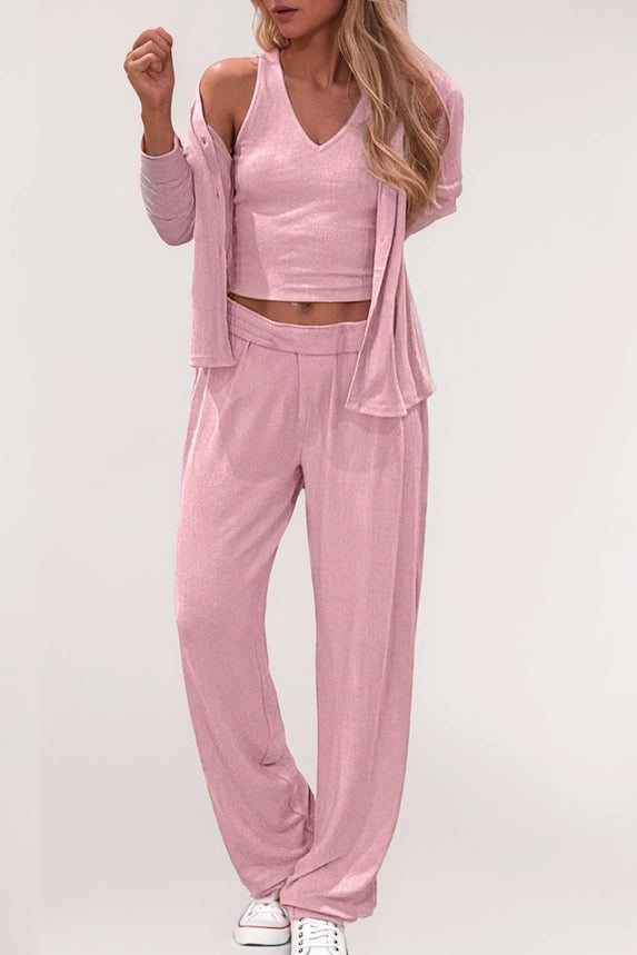 V-Neck Long Sleeve 3-Piece Cozy Knit Lounge Set