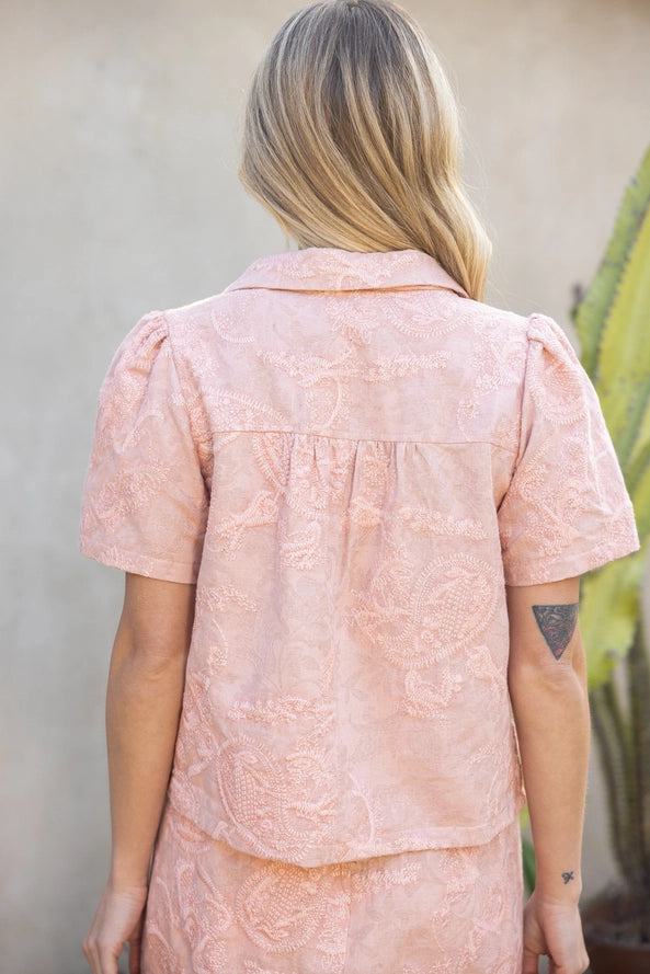 V-Neck Collared Paisley Embroidered Top