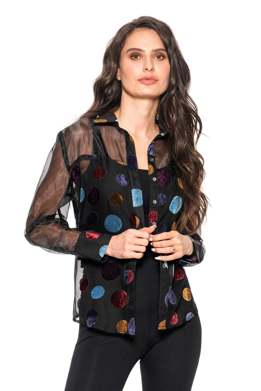 Adore Velvet Polka Dot Sheer Button-Up Shirt