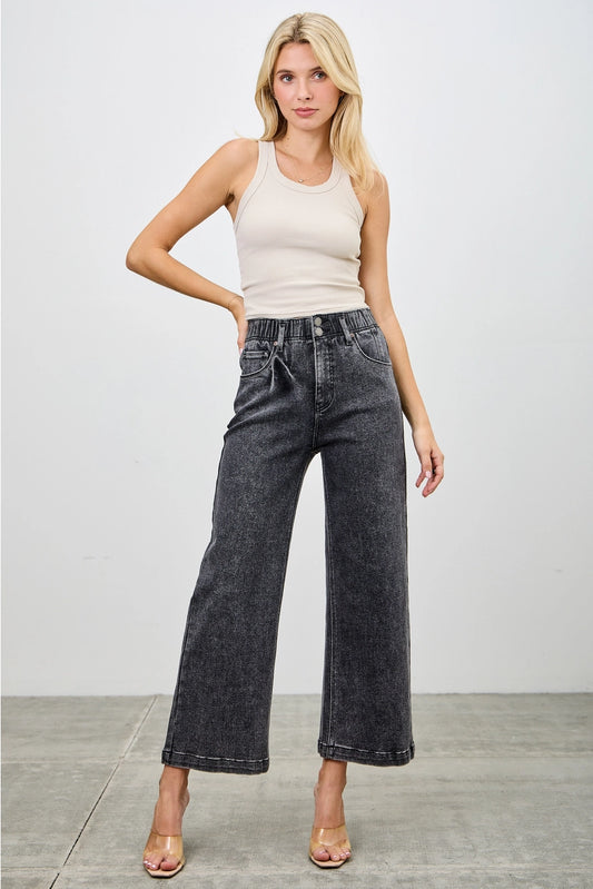 High Rise Wide Leg Washed Black Denim Crop