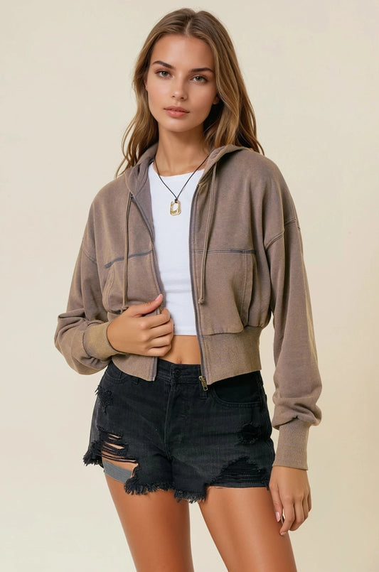 Vintage Washed Zip-Up Hoodie with Front Pockets