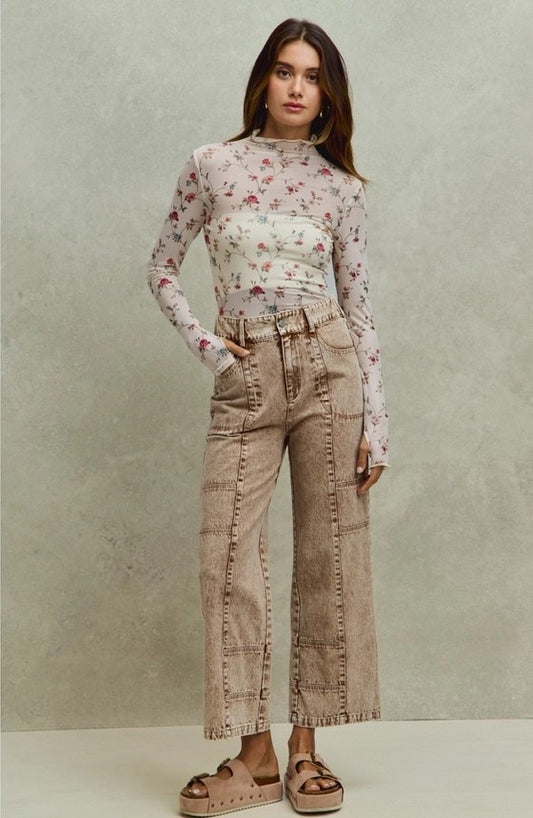 Washed Denim Wide Pants with Stitch Detailing