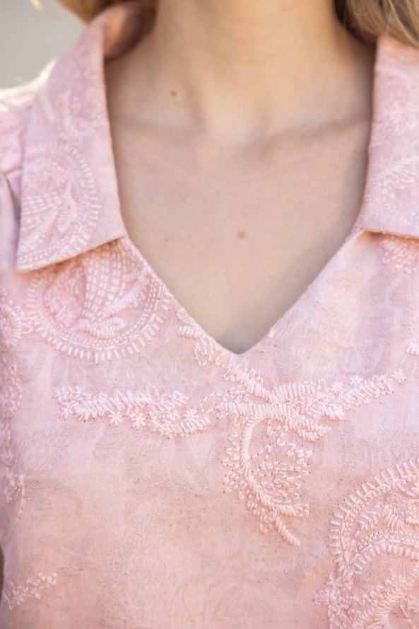 V-Neck Collared Paisley Embroidered Top