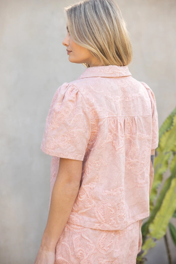 V-Neck Collared Paisley Embroidered Top