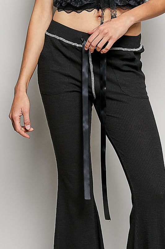 Ribbed Knit Ribbon Drawstring Lounge Pants