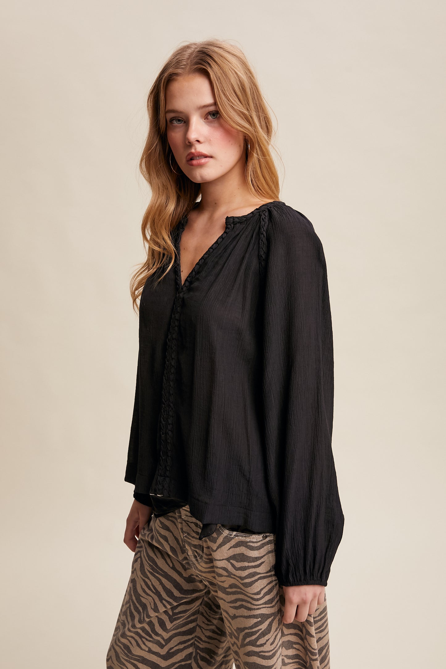 Braided Trim Peasant Blouse