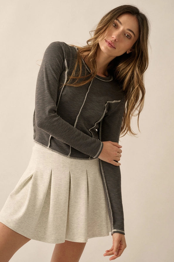 Reverse Seam Long Sleeve Rib-Knit Top