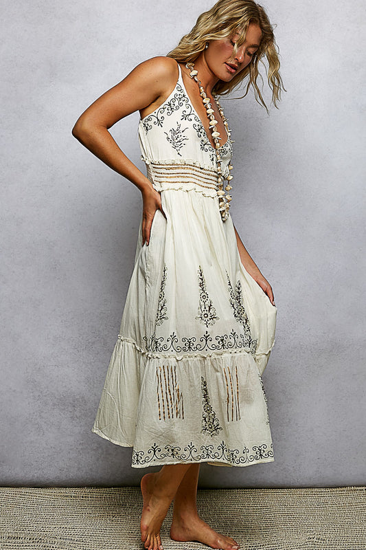 POL V-Neck Pearl Accent Dress