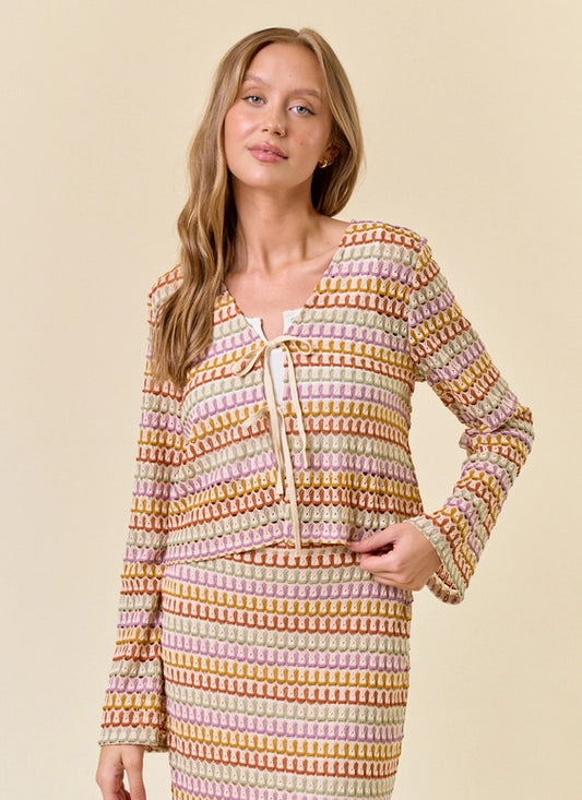 Multicolor Openwork Lace Tie Front Cardigan