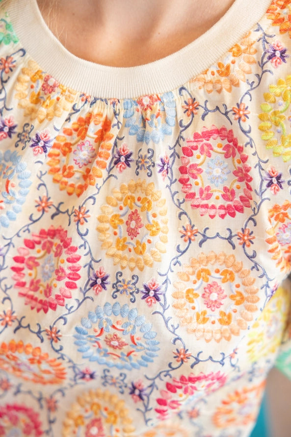 Floral Embroidered Print Bubble Sleeve Top