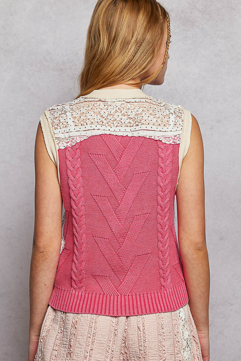 POL Lace Contrast Sweater Vest