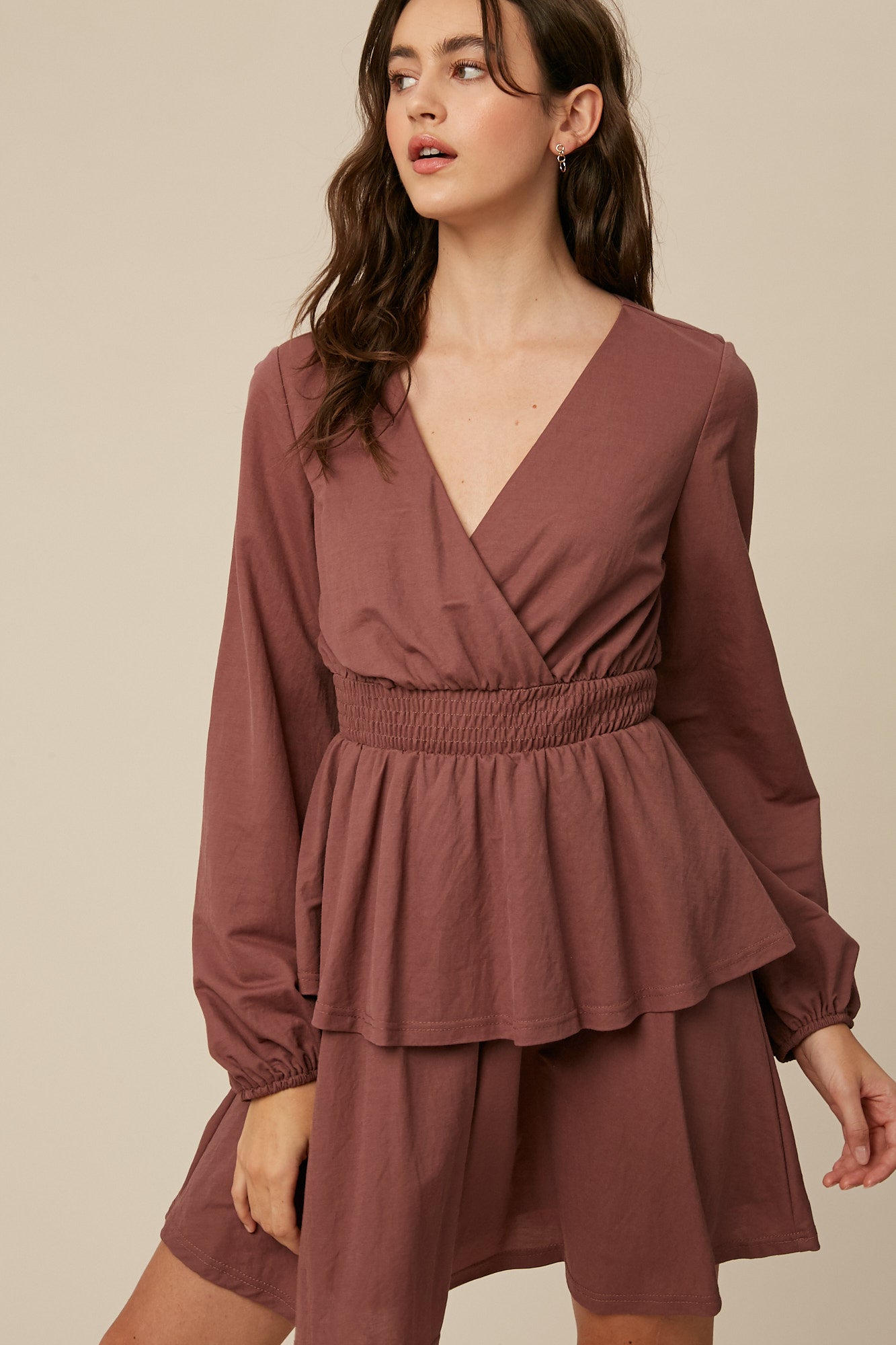 Red Bean Peplum Wrap Mini Dress
