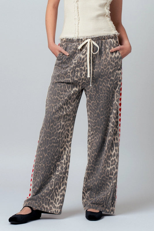 Leopard Print Heart Side Stripe Pants