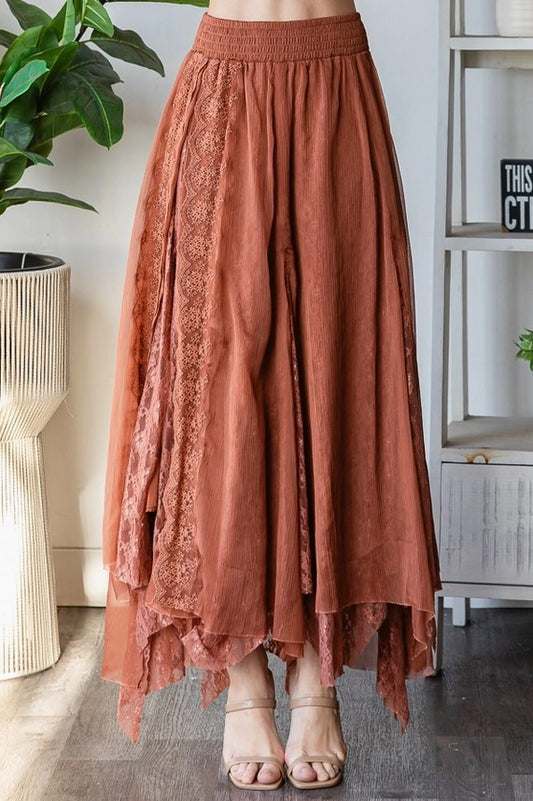Chiffon Lace Mixed Overlay A-Line Midi Skirt