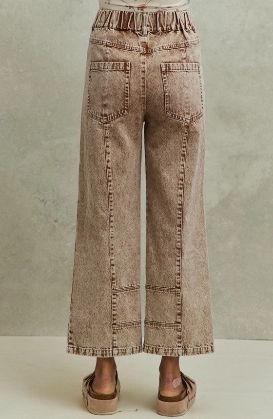 Washed Denim Wide Pants with Stitch Detailing