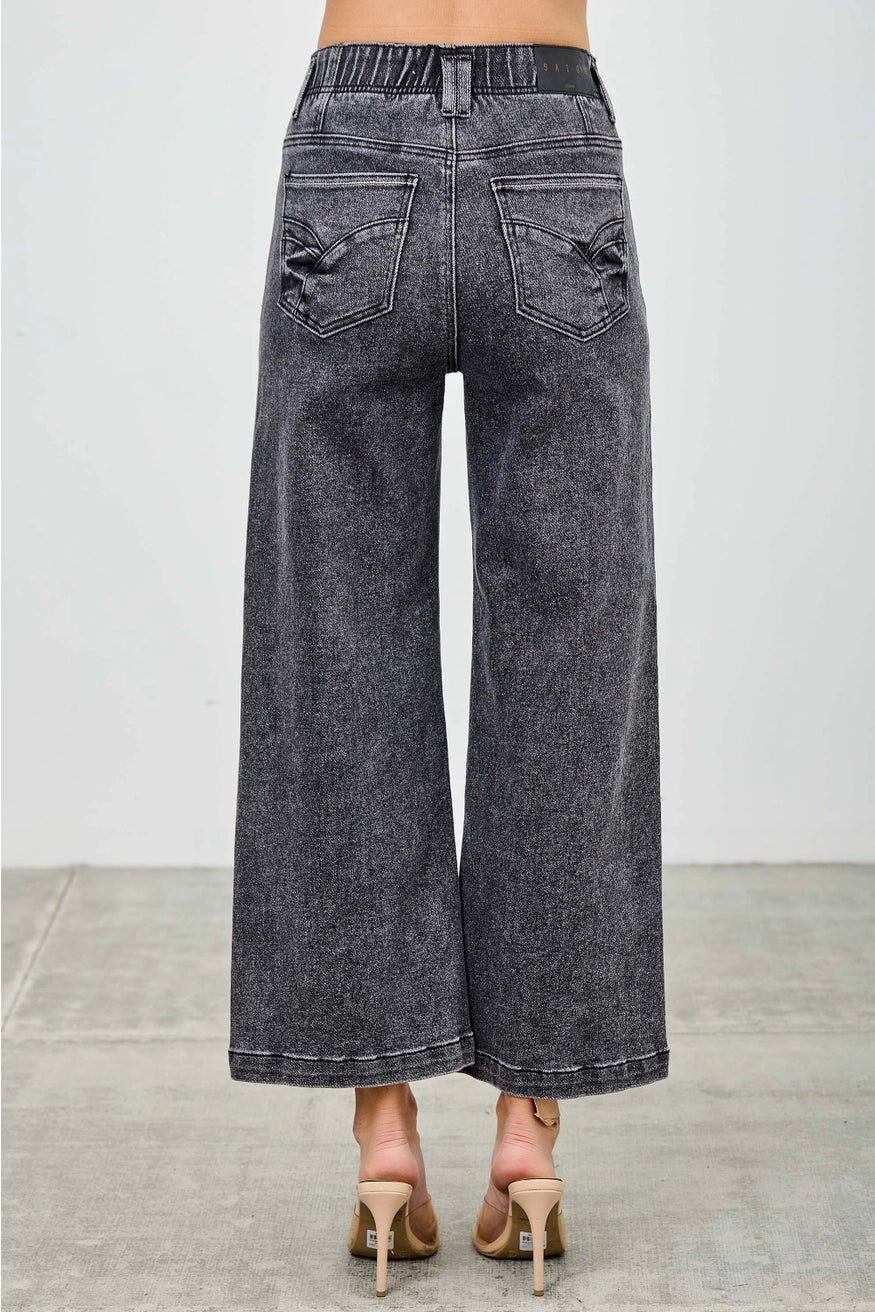 High Rise Wide Leg Washed Black Denim Crop