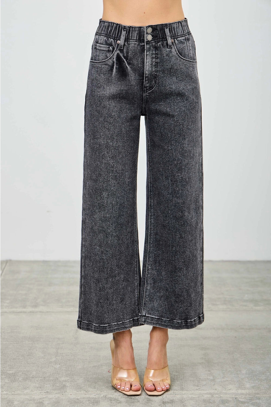 High Rise Wide Leg Washed Black Denim Crop