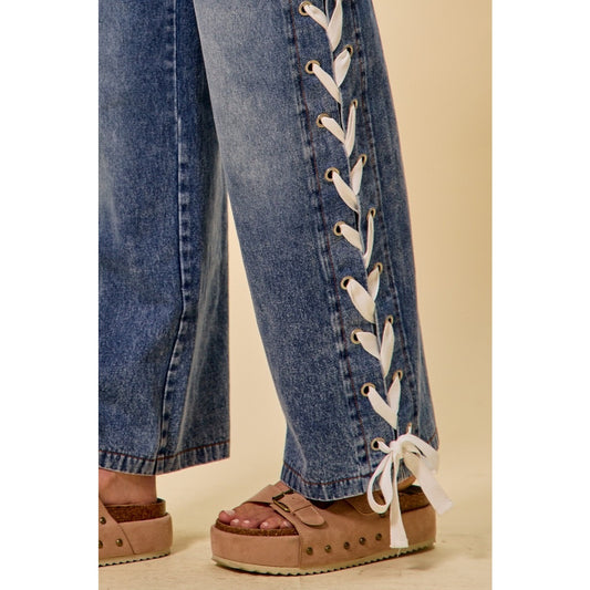 Mid Rise Straight Leg Side Lace Up Jeans