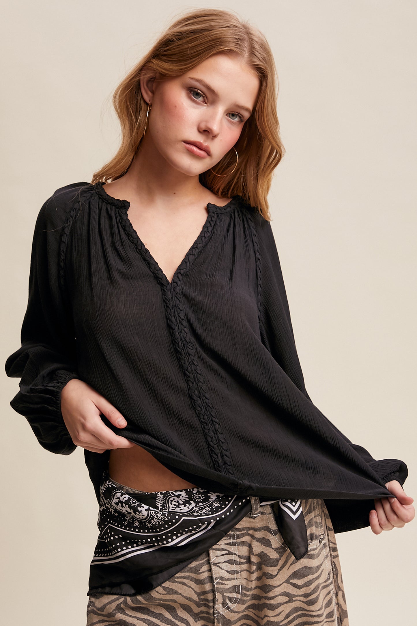 Braided Trim Peasant Blouse