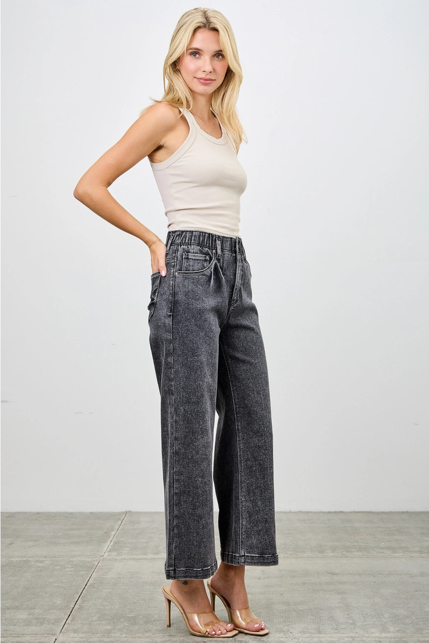 High Rise Wide Leg Washed Black Denim Crop