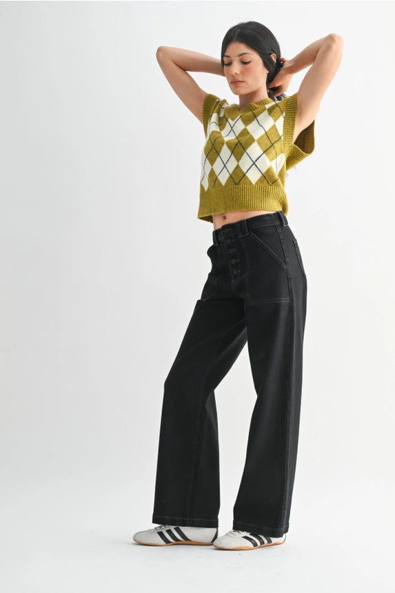 Button Down Slim Wide Leg Black Jeans