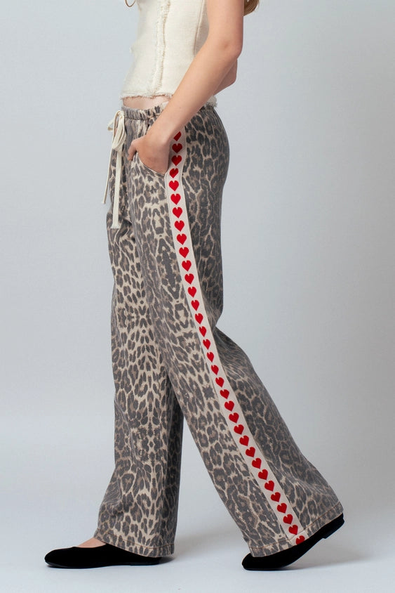Leopard Print Heart Side Stripe Pants