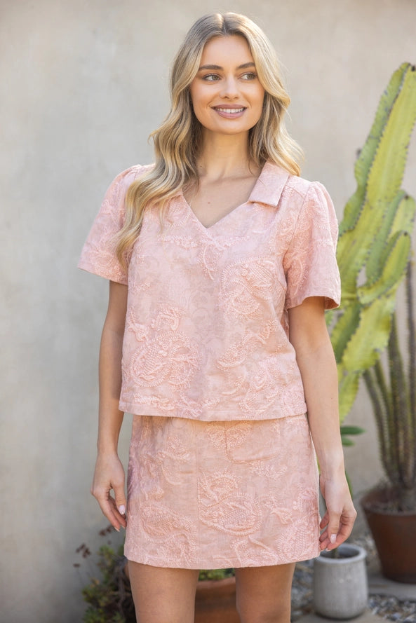 V-Neck Collared Paisley Embroidered Top