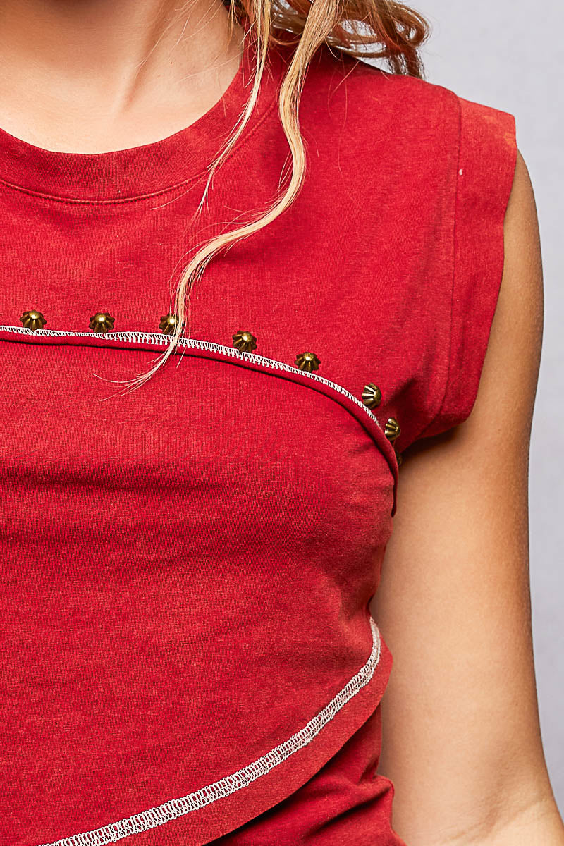 POL Round Neck Stud Detail Tank