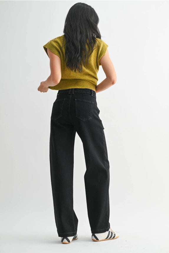 Button Down Slim Wide Leg Black Jeans