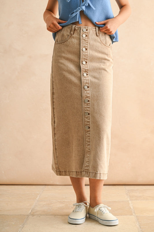 Button Front Washed Skirt